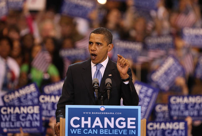ST. PAUL, MN - JUNE 03: Democratic presidential candidate Senator Barack Obama (D-IL) addresses supporters at an election night rally at the Xcel Energy Center June 3, 2008 in St. Paul, Minnesota. Following today?s primaries in South Dakota, and Montana, Obama is expected to have enough delegates to clinch the Democratic presidential nomination. (Photo by Scott Olson/Getty Images)