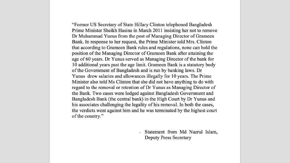 bangledesh prime minister hillary letter