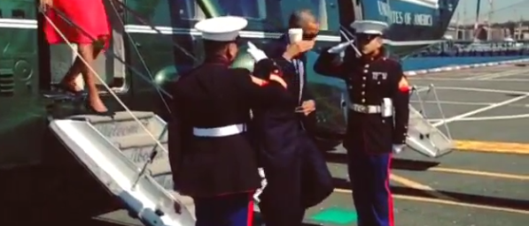 Obama Salutes Marines With Coffee Cup
