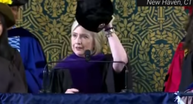 Hillary Clinton Trolls President Trump with Russian Hat During Speech at Yale